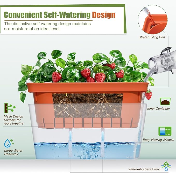 OurWarm Windowsill Herb Planter Box Set of 6, 10.5 Inch Self Watering Pots for Indoor Plants, Flower Box with Water Level Window, Colorful Plastic Flower Pots & Planters for Herbs, Vegetables, Flowers