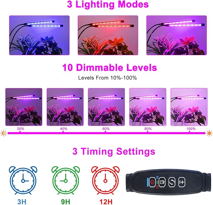 SDOVUERC Grow Lights for Indoor Plants, Full Spectrum LED Plant Lamps with Clips and 3m Cables for Seeding Growing(2 Pack)