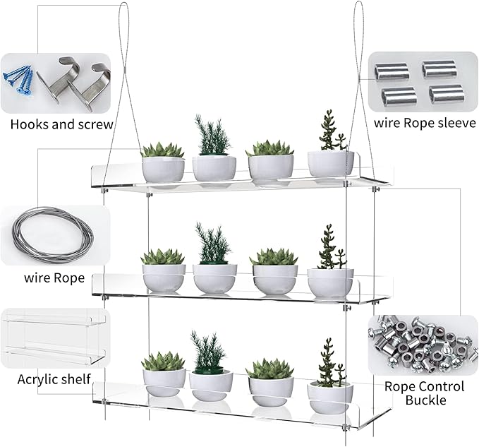 3-Tier Hanging Acrylic Plant Shelves for Windows, Each Tier 16 Inch Long, Height Adjustable Plant Stand, Clear Hanging Plant Stand for Indoor Windows, Grow Herbs,Flower