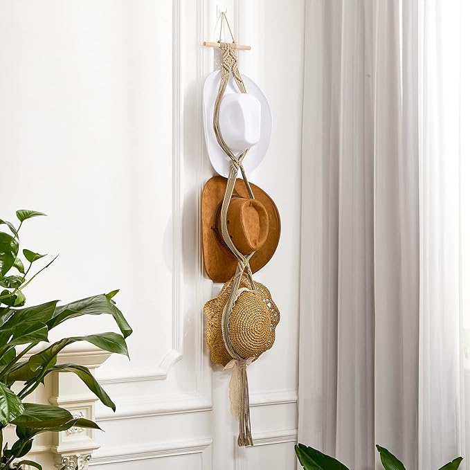 Yulejo Macrame Hat Hangers Boho Hat Rack Cowboy Hat Hanger Back of Door Hat Organizer (Beige,Three Hats Style)