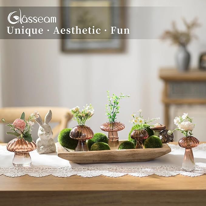 Glasseam Amber Glass Mushroom Vase: Cute Small Flower Vase Set of 10 Unique Mini Bud Vases for Centerpieces Decorative Vases for Flowers Funky Plant Vase Decor