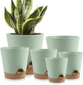 YNNICO Indoor Self Watering Planters with Drainage Holes and Saucers, 8, 7, 6.5, 6, 5.5, 5 Inches, Green, 6 Pots.