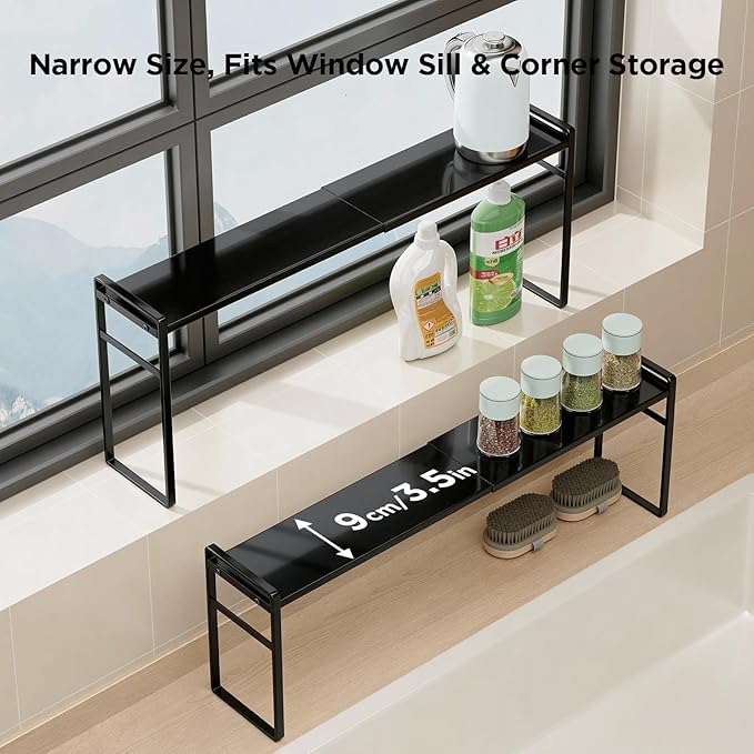 Expandable Narrow Shelf Organizer, Tall Countertop Organizer for Tight Spaces, Windowsill Plant Stand, Over-Sink/Faucet Shelf, Kitchen Counter Storage, Bathroom Vanity, Laundry Room (Black)