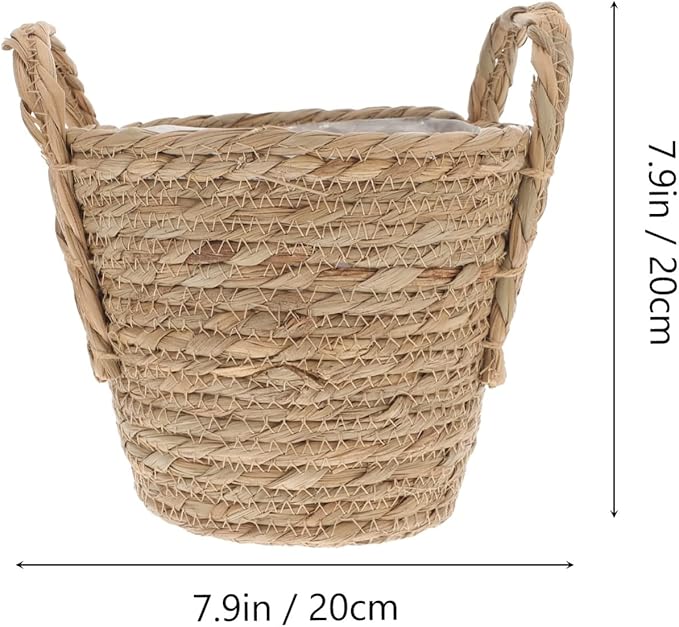 Alipis Seagrass Basket Planters Flower Pots with Plastic Liner, Plant Containers Storage Holder Wicker Rattan Vase with Handle
