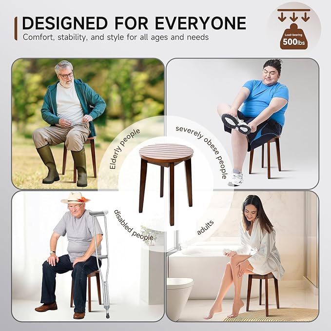 Round 16 Inch Bamboo Waterproof Shower Bathroom Stool Chair, Duty Wooden Bath Corner Shaving Legs Bench Seat (Walnut, XL)