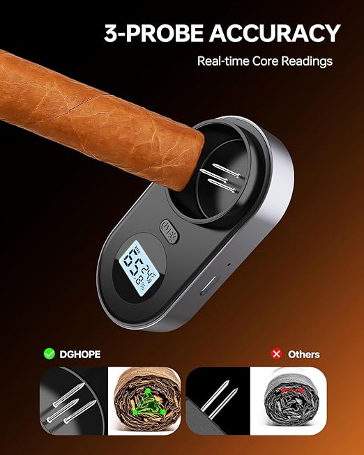 Cigar Humidity Meter, 3-Probe Core & Ambient Dual Sensor Digital Cigar Hygrometer, Rechargeable Moisture Tester for Humidor with Color Alert & Built-in Cigar Holder, Type-C Charging, Gray