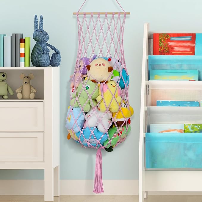 68 Inch Stuffed Animal Storage, Jumbo Macrame Stuffed Animal Hammock Corner, Wall Ceiling Hanging Stuffy Toy Hammock Plushie Net Display for Kids Boys Girls Nursery Decor (Pink)
