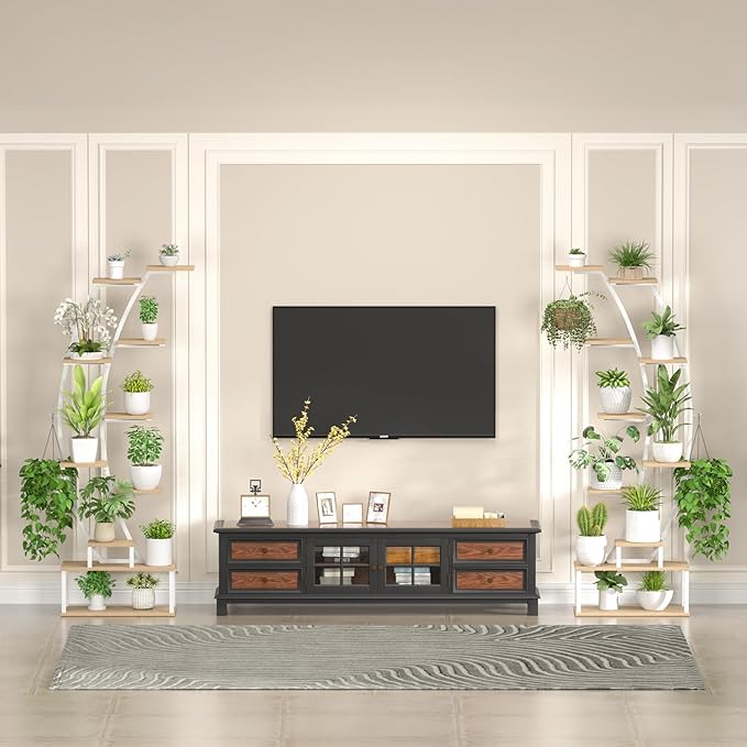 Plant Stand Shelf Indoor with 8 Grow Light, 10 Tiered 65" Tall White Large Half Moon Lighted Plant Rack Holder, 2 Pack Big High Circular Arch Multi Herb Stand with Built in LED Grow Light Set