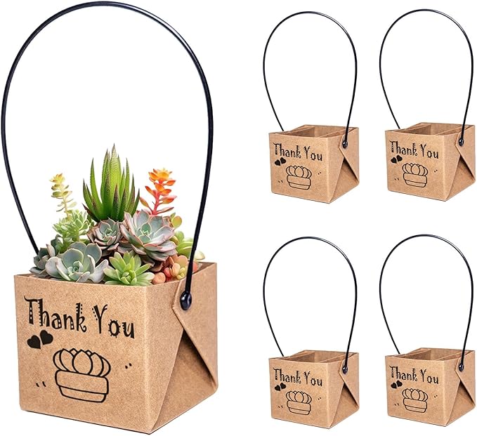 50PCS Thank You Succulent Wrap, Fits 2 Inch Pots Succulent Wrap Bag with Plastic Handle Kraft Paper Sleeve Succulent Tags for Shower Party Favors Ideas (50PCS-Thank You)