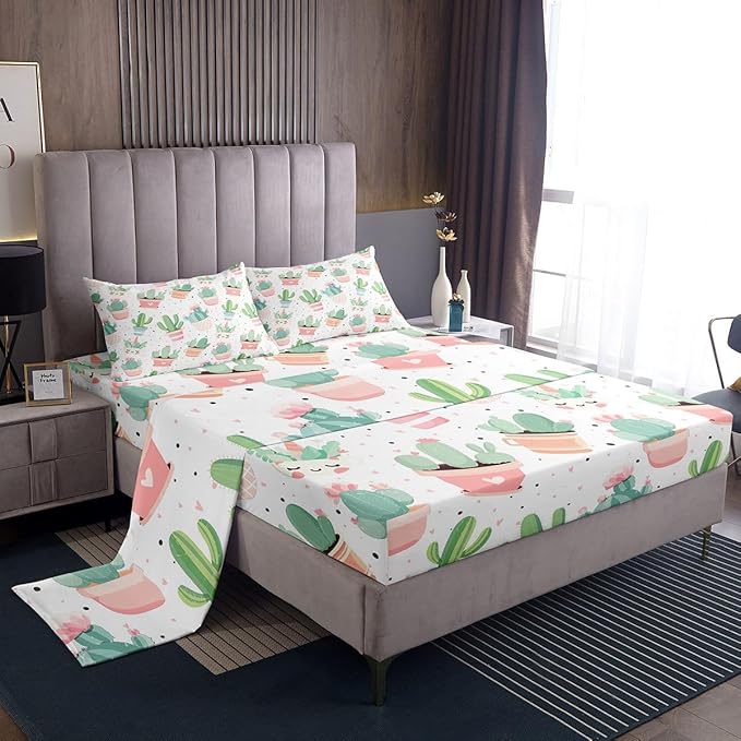 Feelyou Cute Cactus Bed Sheet Set for Girls Kids Bedroom King Size Boho Succulent Sheets Set Tropical Botanical Pattern Bedding Set Watercolor Pastel Pink Green Decor