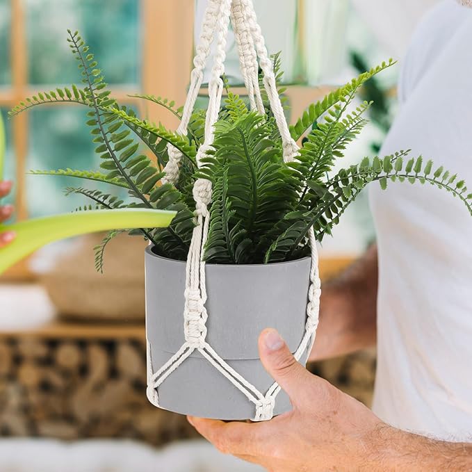 JJUNW 2pcs Macrame Plant Hanger, 21 Inch Indoor Hanging Planter with 2 Hooks Boho Long Crochet White Rope Hanging Planters for Indoor Outdoor Home Decor (Pots Not Included)