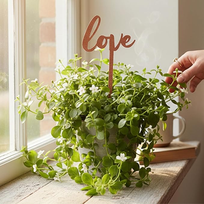Love Text Metal Garden Stake – Powder-Coated Rustic Plant Pick for Pots & Planters, Indoor/Outdoor Decorative Accent