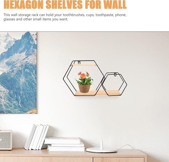 HOMSFOU Hexagon Wall Shelves Floating Wood and Metal Wall Mounted Storage Shelf Black Geometric Display Rack for Bedroom Home Décor Planter Pot Holder