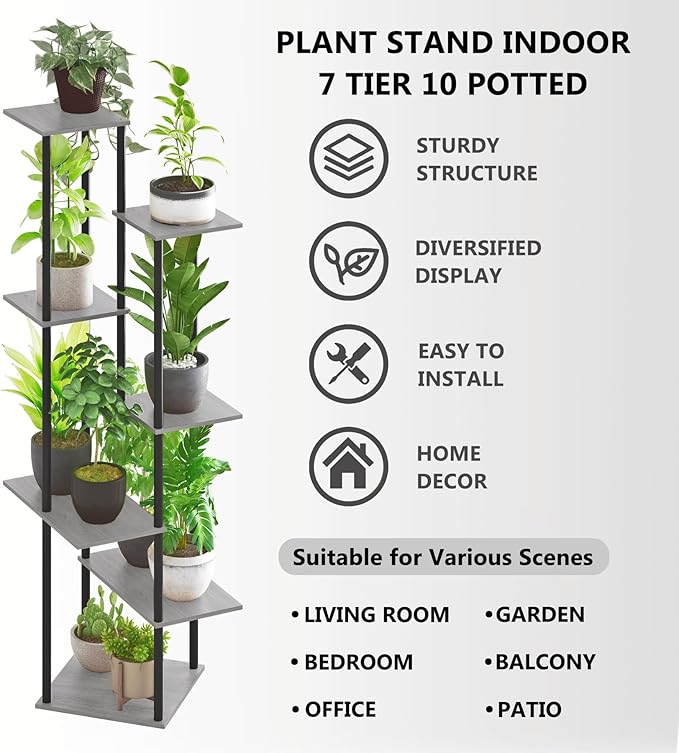 Tall Plant Stand Indoor, 7-Tier Modern Plant Shelf for Multiple Plants, Wood Metal Flower Holder for Living Room Balcony Bedroom, Oak Grey