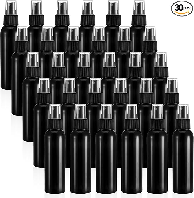30 Pack Black Empty Spray Bottles, 4oz Plastic Fine Mist Spraying Bottles Small Refillable Sprayer Liquid Containers Portable Misters with Cap Travel Bottle for Perfume, Cleaning, Essential Oil