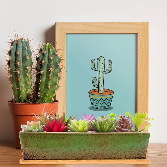 Artketty 12.1 Inch Large Succulent Planters Pots with Drainage Tray, Long Rectangle Ceramic Pots for Indoor Cactus/Succulent Plants Shallow Bonsai Window Box for Home Garden Decor (Green)