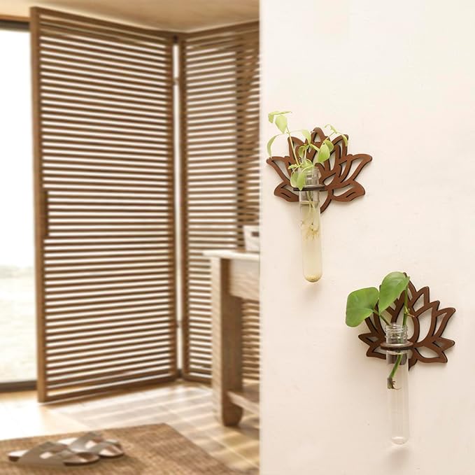 Artilady 2 Pack Plant Propagation Station Lotus Flower Wall Hanging Wood Plant Terrarium for Hydroponics Home Office Decor Test Tube Propagate Air Cutting Holder