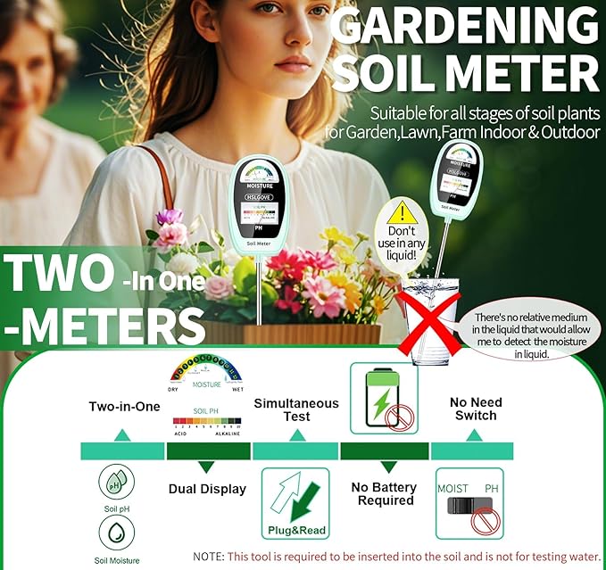 HSLGOVE Soil Test Kit, 2-in-1 Soil Moisture Meter/Soil PH Meter, Dual Screen Soil Tester, Soil Moisture Meter for Plants Watering/Gardening for Lawn,Farm Indoor&Outdoor Use-Tea Green