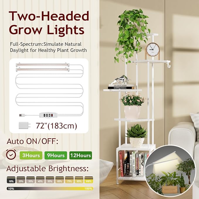 Homsorout Plant Stand Indoor with Grow Light, 6-Tiered Tall Plant Stand Indoor, Metal Plant Shelf with Hanging Basket Hook and Adjustable Light, Ideal for Living Room, Garden, Patio white