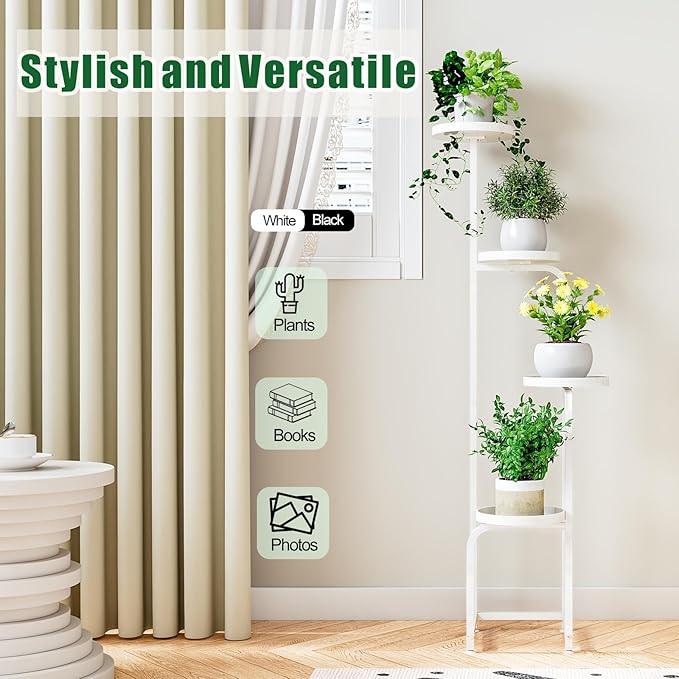 INGIORDAR Plant Stand Indoor Outdoor 4 Tier Metal Plant Shelf for Multiple Plants Corner Flower Holders for Living Room Balcony Bedroom Patio Garden, Black (White, 4-Tier)