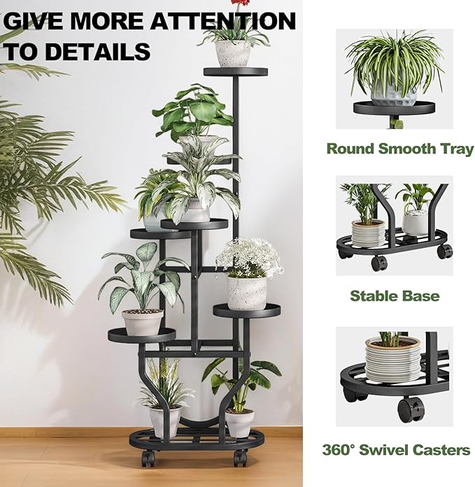 Plant Stand with Wheels 6 Tier Metal Flower Shelf for Indoor Outdoor Corner Multiple Plants Holder Rack for Bedroom Living Room Garden Balcony Yard Black (Black, 6 Tier)
