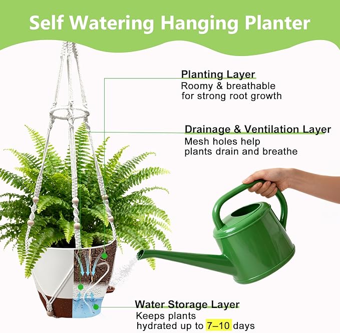 Hanging Planters for Indoor Plants: 2 Pack Macrame Plant Hangers with Grow Lights and Self-Watering Pots, Large Hanging Pots with Drainage Holes & Removable Tray（10in White Pot, GrowPro Spectrum）