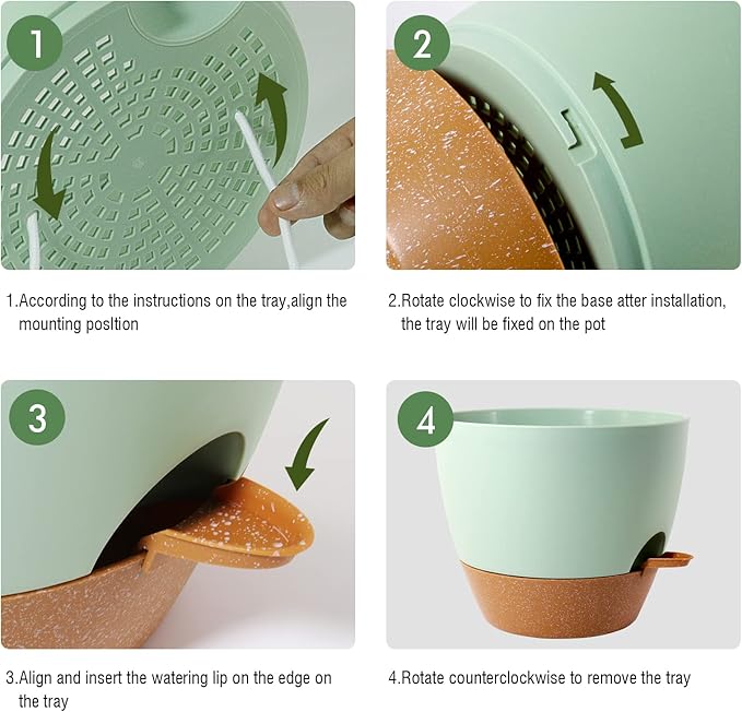 UOUZ 12 inch Large Self Watering Pots, Plastic Planters with 60oZ Removable Deep Reservoir and Multi Mesh Drainage Holes for Indoor Outdoor Garden Plants and Flowers, Green with Brown