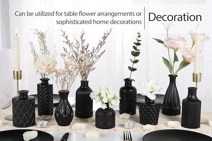 TBWIND 12pcs Glass Black Bud Vases Set, Small Vases for Flowers, Bud Vase for Centerpieces in Bulk, Mini Vintage Vase for Rustic Wedding Decorations, Office and Home Table Flower Décor
