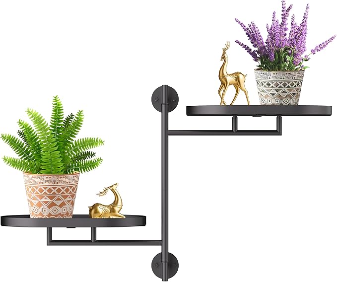 YQSLYSF Window Rotating Plant Stand Shelf Indoor Black Metal Floating Shelves 2-Tier Wall Mount Plant Holders for Living Room Wall Planter Modern Home Decor for Gardening