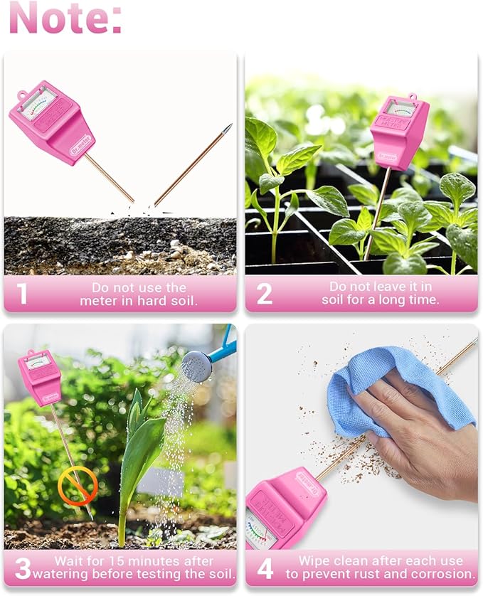 Dr.meter Soil Moisture Meter Tester for Plants, Hygrometer Moisture Sensor for Houseplants Indoor Outdoor Garden Lawn Use - Plant Water Meter Gauge Test Kit, No Battery Needed - Gardening Gifts, Pink