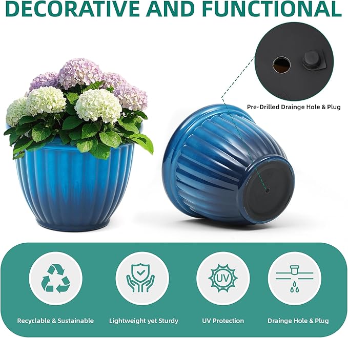 Autodaya 15" Large Flower Pots, Set of 2 Plastic Planters for Outdoor Indoor Plants with 3D Textures, Weather-Resistant for Porch, Garden, Patio or Indoor Use, Gradient Cobalt Blue