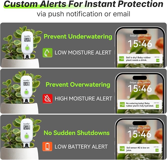 RAINPOINT Smart Digital Wireless Plant Moisture Meter Houseplants Indoor WiFi Hub Kit with Low/High Moisture Alert,Real-time Monitor Hygrometer Sensor Outdoor Gardening Push Notification&Email