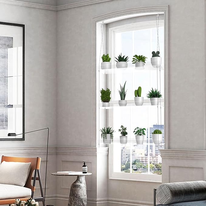 3-Tier Hanging Clear Plant Shelves for Windows, Acrylic Window Wall Plant Stand Shelf for Kitchen Indoor Gardens, Flower, Herb, Seedling Organization, and Pots Display, 16 Inch per Tier | for Windows, Window Wall, for Kitchen, Indoor Gardens, Flower, S...