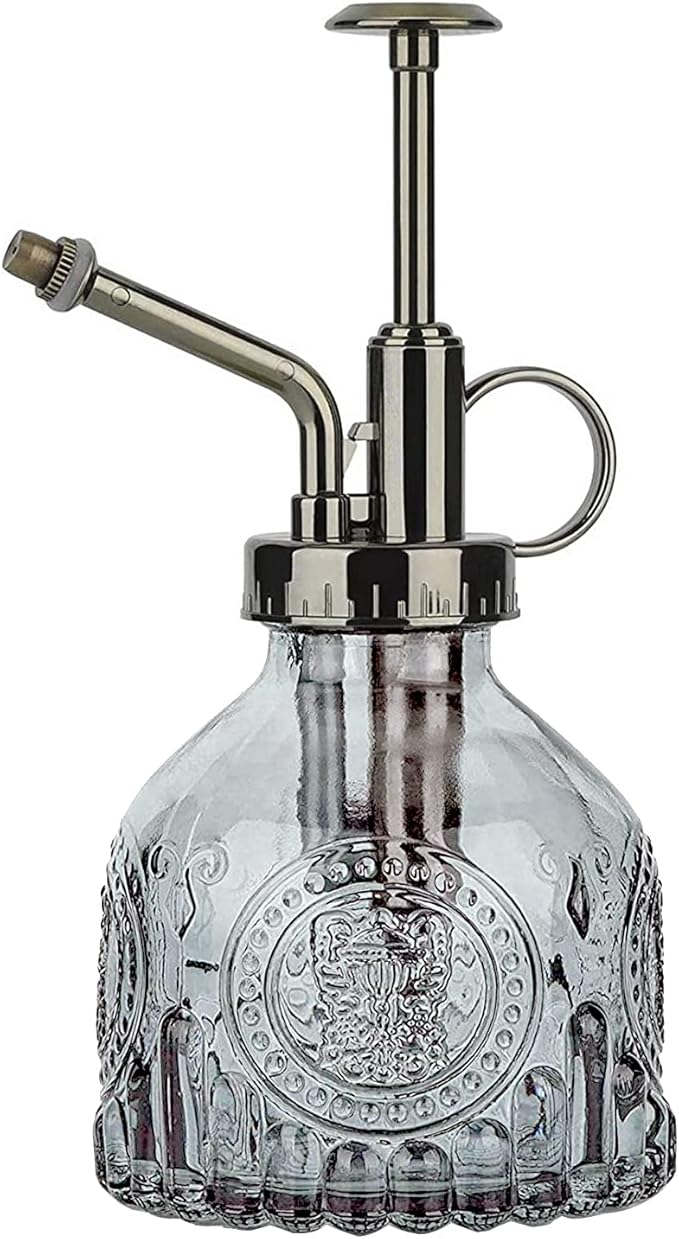 Plant Mister Glass Spray Bottle Small Plant Watering Can 6.4" Tall Retro Indoor Watering Can Bronze Plastic Top Pump for Garden Indoor Plant Sprayer (Grey)