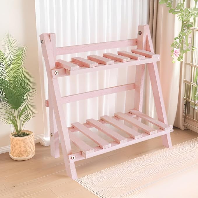 2 Tiers Plant Stand Bamboo, Tabletop Bamboo Succulent Plant Stand for Window Sill Plant Shelf, Rack Flower, Pot Holder, Desk Tiered Succulent Pot Holder(Pink)