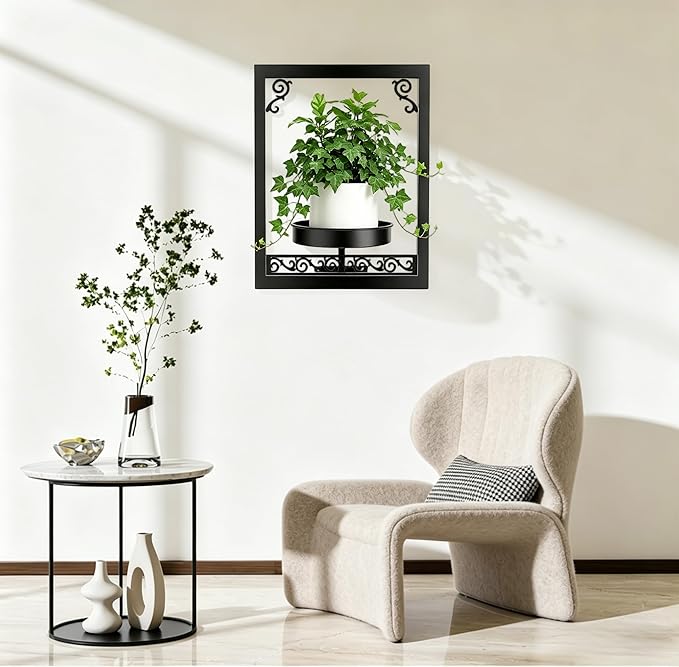 WGFKVAS Wall Plant Holder Set of 3, Picture Frame Plant Holder, Rustproof Holder Metal Modern Style Home Gardening Wall Decor for Living Room Bedroom, Entryway, Black
