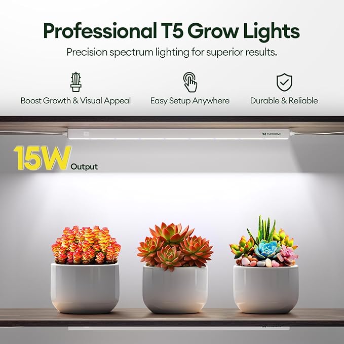 Maygrove T5 Grow Lights for Indoor Plants 2FT, Blue-Rich Full Spectrum 5000K Grow Light, 60W(4 x 15W), Grow Light Strips for Seed Starting, Greenhouse, High PPFD, Linkable, White, 4-Pack