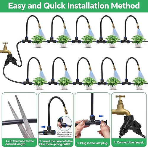 140Ft 1/4" Drip Irrigation System for Garden – 30 Adjustable Copper Nozzles, Automatic Atomizing Sprinkler System for Outdoor Plants Raised Bed, Yard, Potted Plants & Lawn