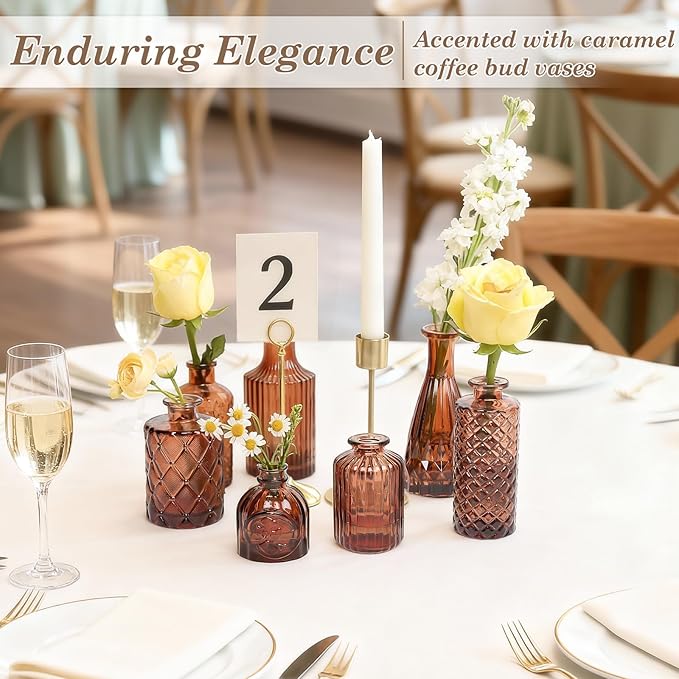 TBWIND 12-Piece Glass Bud Vase Set – Small Caramel Coffee Brown Etched Glass Vases with Unique Shapes and Weighted Base for Windowsills, Bathrooms, and Table Centerpiece Décor