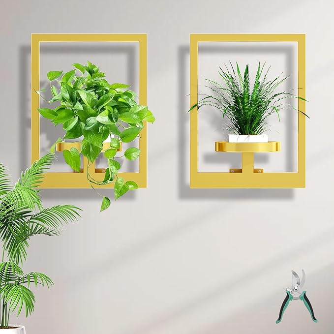 Wall Plant Shelf, Hanging Frame Decor Planter for Indoor Plants, Wall Plant Holder for Living Room/Entryway/Garden Flower Pot Holder Free Garden Shears (Square-Gold, 2Pcs)