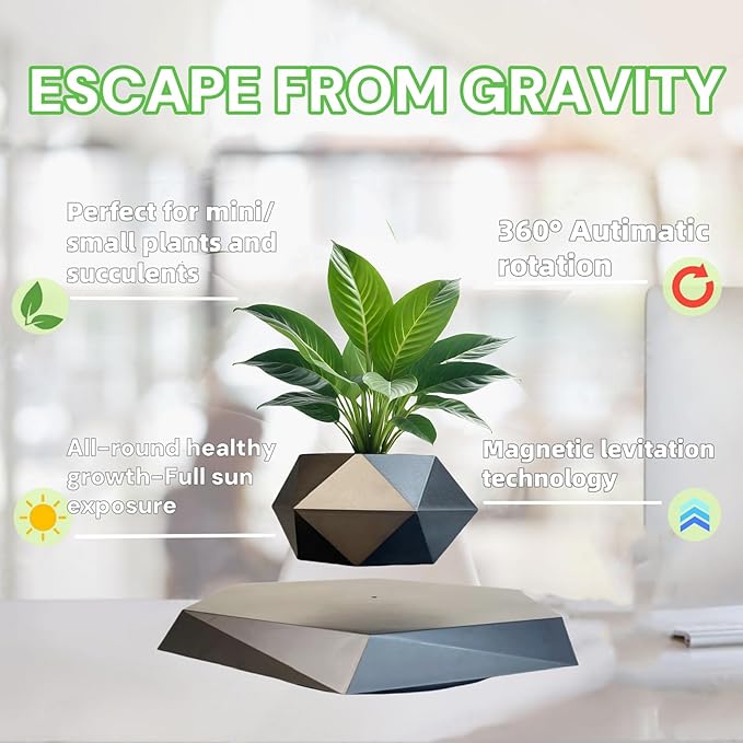 Levitating Plant Pot, Floating Plant Pot Small Floating Flower Pot, 360° Rotating Floating Pots for Plants, Floating Planter for Levitating Decor, Levitating Display Home Office Desk Decor (Black)