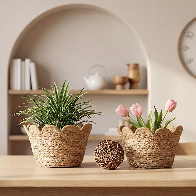 AceOrbit 6 Pcs Scalloped Seagrass Plant Basket with Plastic Liners Rattan Woven Plant Basket Wicker Planter for Indoor Outdoor Flower Pots Cover and Rustic Farmhouse Boho Room Decor (Medium)