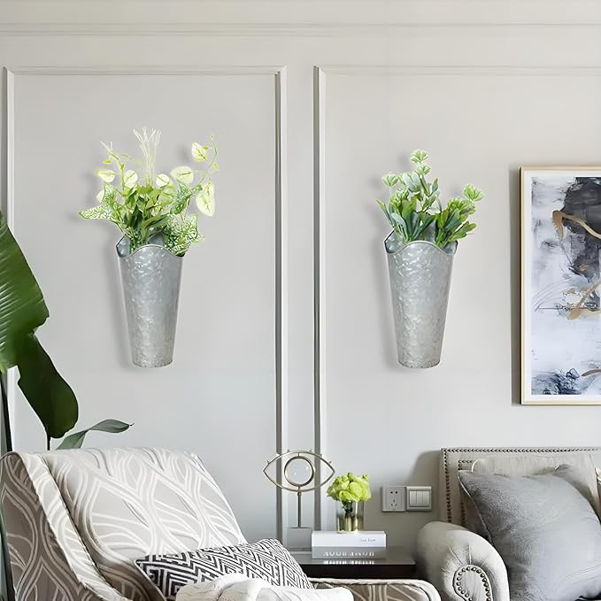 2 Pack Galvanized Metal Wall Planters, Hammered Silver Wall Mounted Flower Vases, Rustic Farmhouse Wall Decor for Dried Flowers, Greenery, Bathroom, Bedroom, Living Room (Silver)