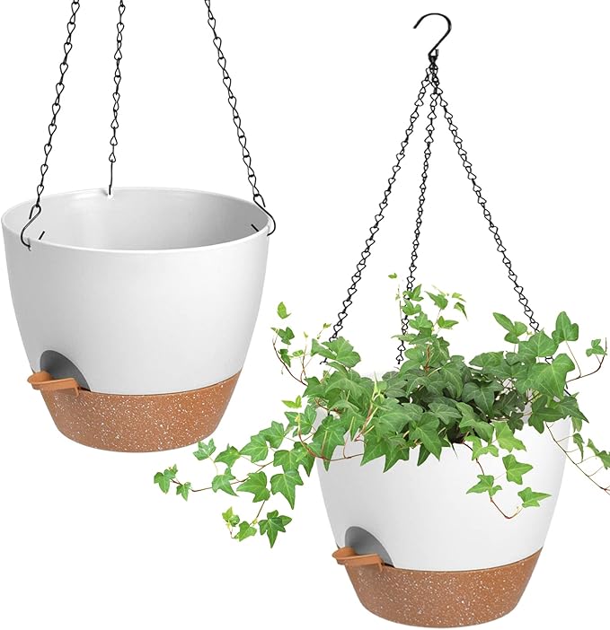 Vanslogreen Hanging Planters for Indoor Outdoor Plants, 2 Pack Self Watering Hanging Pot with Drainage Holes & Removable Tray (White, 10'')