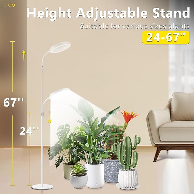 Floor Grow Lights for Indoor Full Spectrum Plant Lighting with Adjustable 67" Stand for Growing Large Tall Plants 3/9/12H Timer,3 Light Modes, 10 Dimming