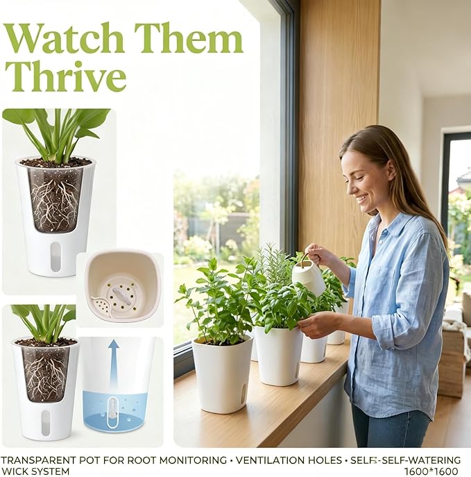 8 Pack 4" Mini Self Watering Pots for Indoor Plants, Small Clear Plastic Planters, Plant Watering Cups with Level Indicator Vents & Drainage Holes, Wick, for Seedlings, Cuttings, Herbs (8, 3 Inch)