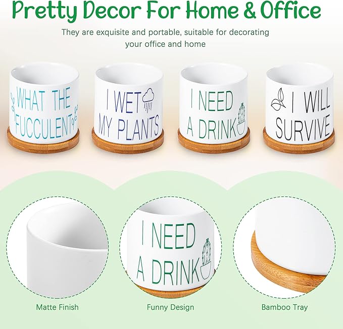 4 Pieces Succulent Pots Funny Sarcastic Succulent Cactus Planters Gifts for Grandma Friend 3.2 Inch with Drainage and Bamboo Tray White Ceramic Pot for Plants Garden Decorative (Fresh Style)