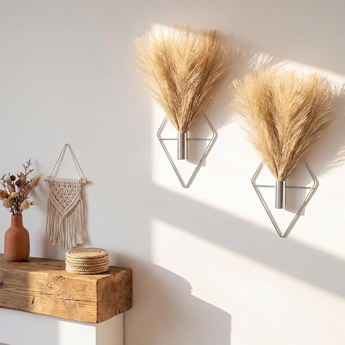 Canlierr 2 Pieces Boho Wall Decor Hanging Planters with Artificial Plants Metal Hanging Vase Indoor Plants Holder Modern Wall Art for Bathroom Bedroom Living Room Decor, Silver, Pampas Grass