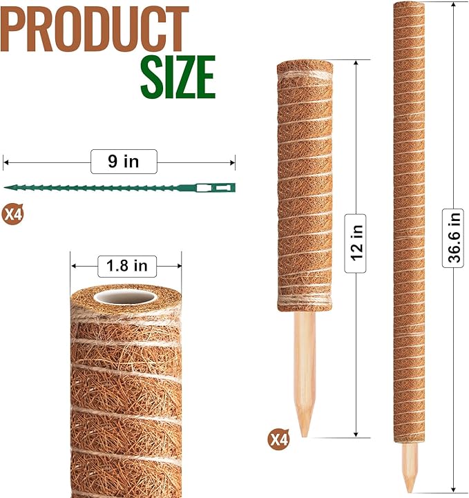 8 Pcs 12 Inches Coir Totem Pole With 16 Pcs Adjustable Plant Twist Ties - Moss Stick for Creepers Plant Support Extension, Climbing Indoor Plants