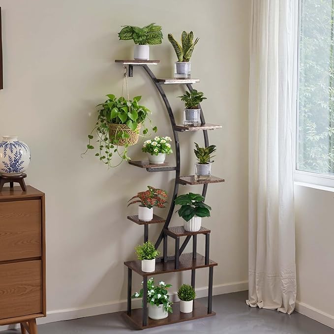 VEVOR Plant Stand Indoor with Grow Lights, 63 in Tall 9-Tier Lighted Plant Shelf, Metal Corner Plants Holder, 3 Timer & 10 Brightness, Curve-Shaped Flower Display Rack for Living Room Balcony Decor